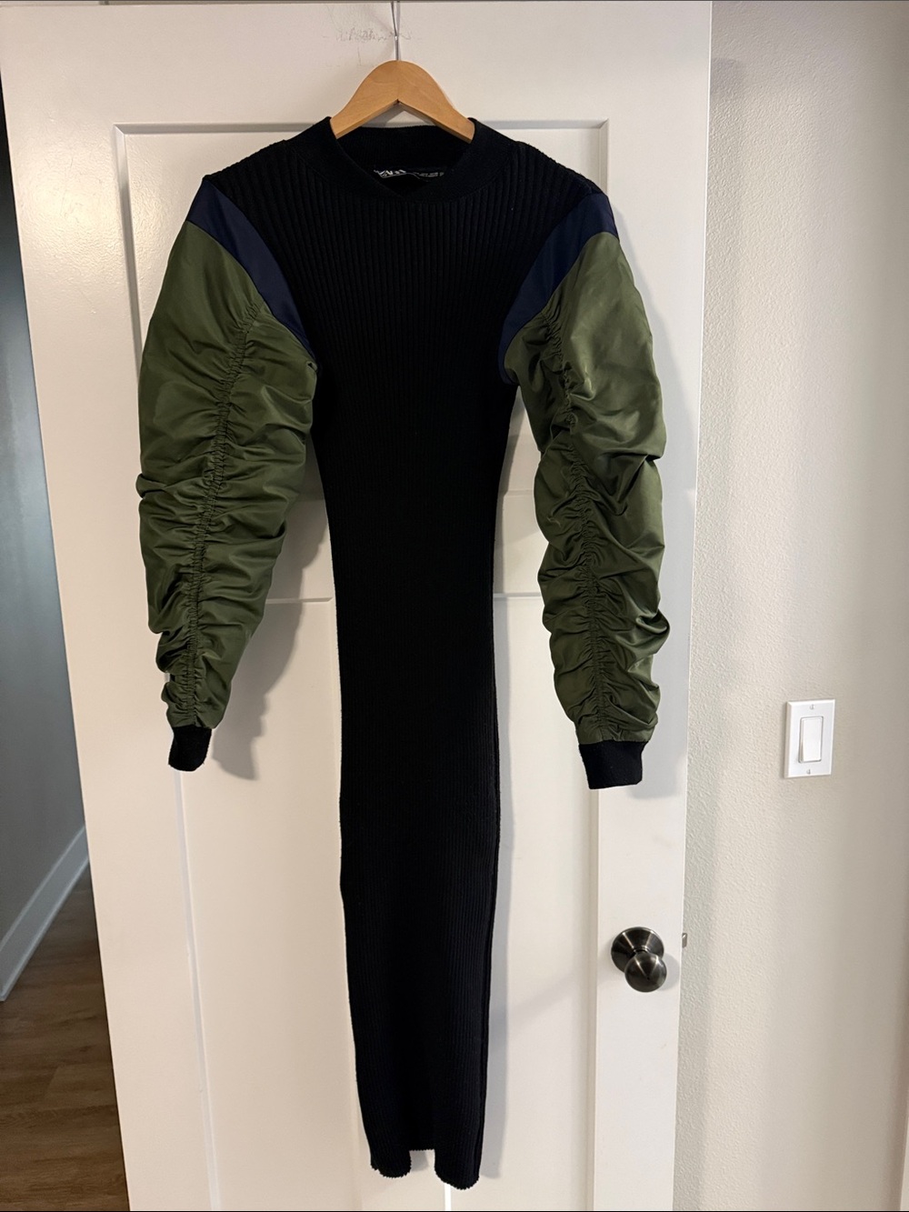 Zara Black Knit Midi Dress with Olive Green and Navy Sleeve Panels